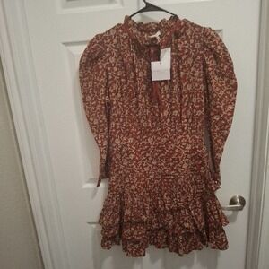 NWT ANNA CATE‎ Medium Brown Isabella Red Vine Floral Tiered Ruffle Mini Dress
